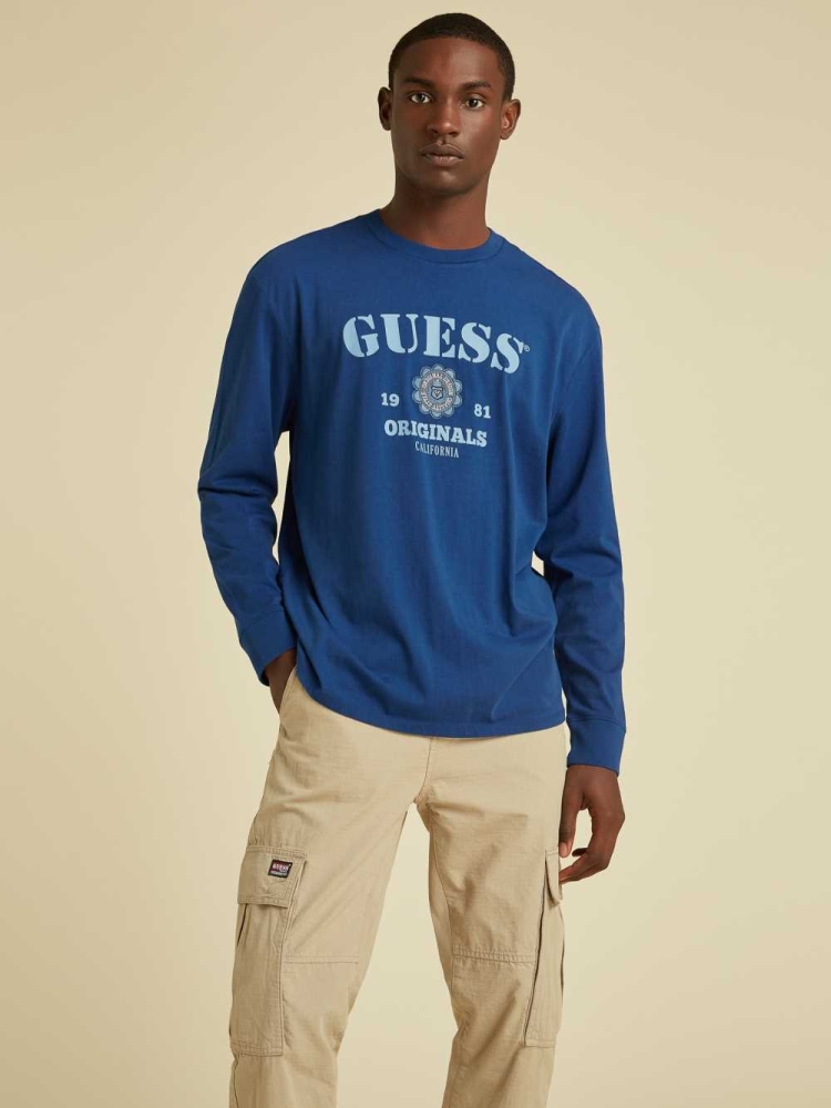 Blue Men\'s GUESS Originals Logo Long Sleeve T-Shirts | USA60GOEAF