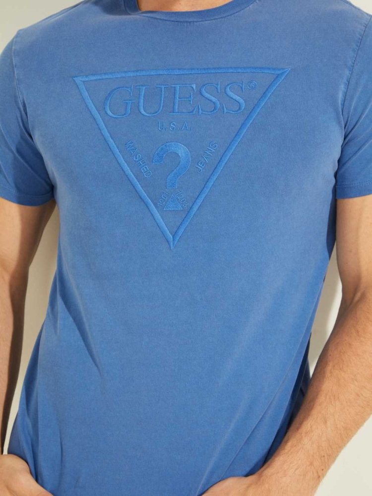 Blue Multicolor Men's GUESS Embroidered Logo T-Shirts | USA54UNERX