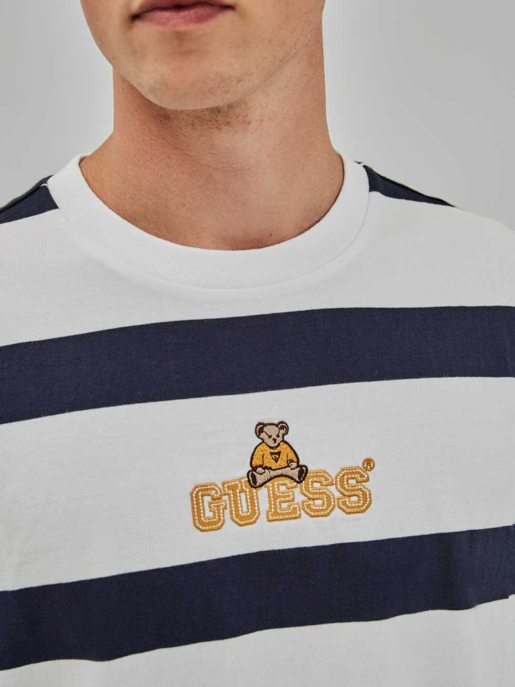 Blue Multicolor Men's GUESS Originals Bear Stripe T-Shirts | USA39GYFHW