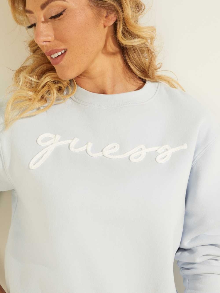 Blue Women's GUESS Amanda Logo Fleece Pullover Sweatshirt | USA23FHMQO