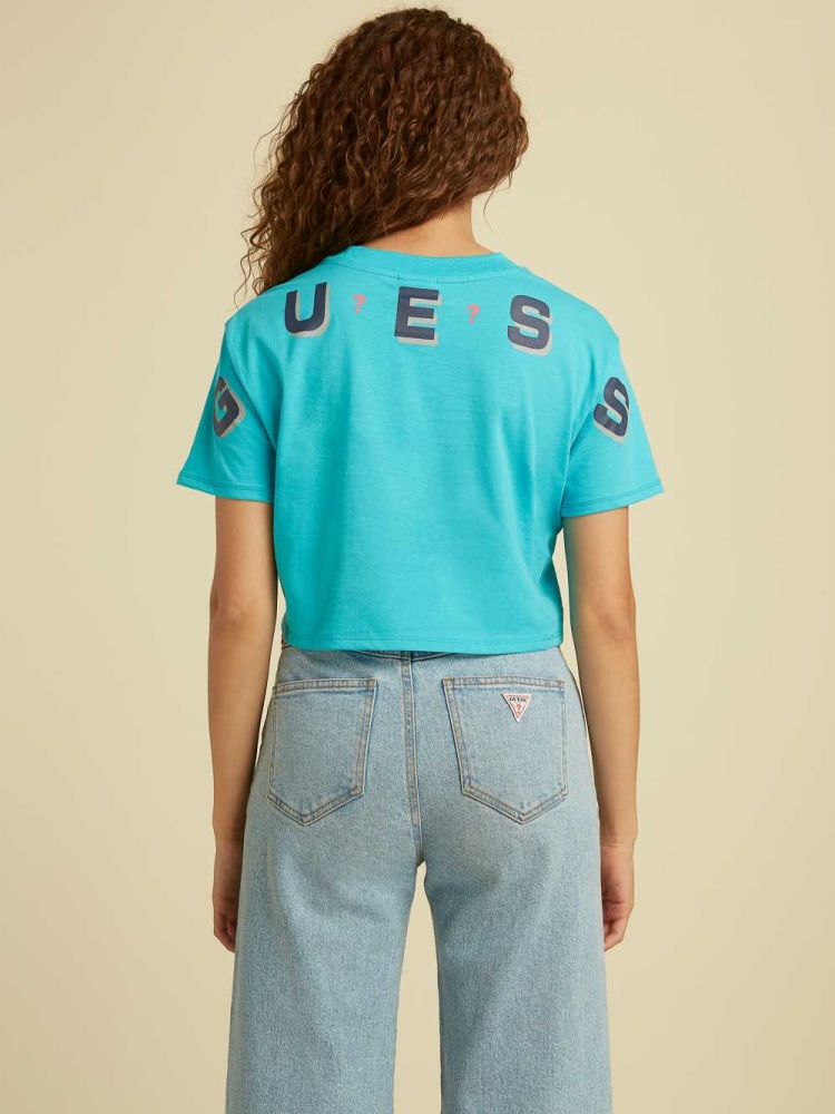 Blue Women's GUESS Originals Logo Crop T-Shirts | USA68OERIT