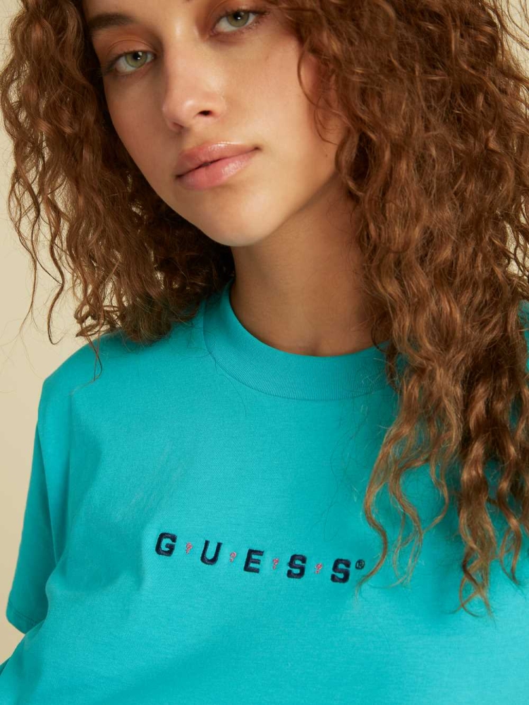 Blue Women's GUESS Originals Logo Crop T-Shirts | USA68OERIT