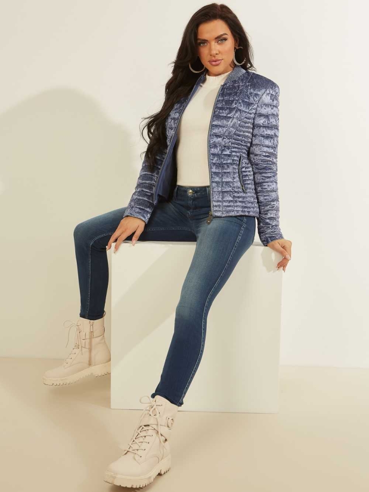 Blue Women's GUESS Vera Velvet Quilted Jackets | USA27OQJPE