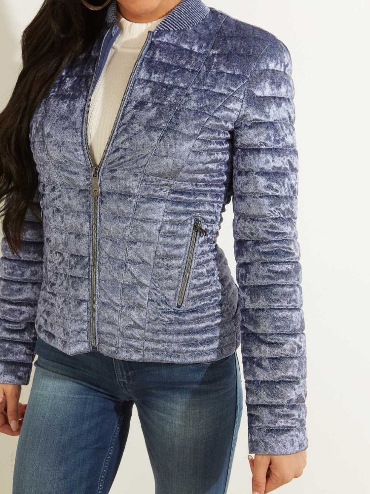 Blue Women's GUESS Vera Velvet Quilted Jackets | USA27OQJPE