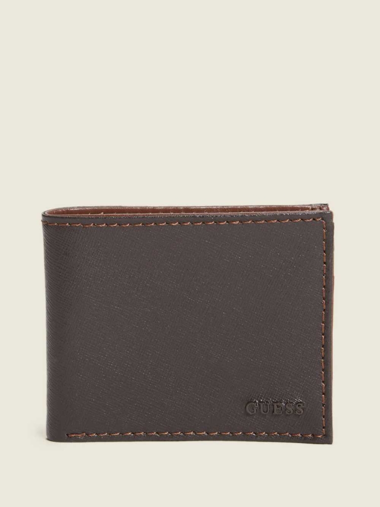 Brown Men\'s GUESS Contrast Stitch Slimfold Wallets | USA64NPTOA