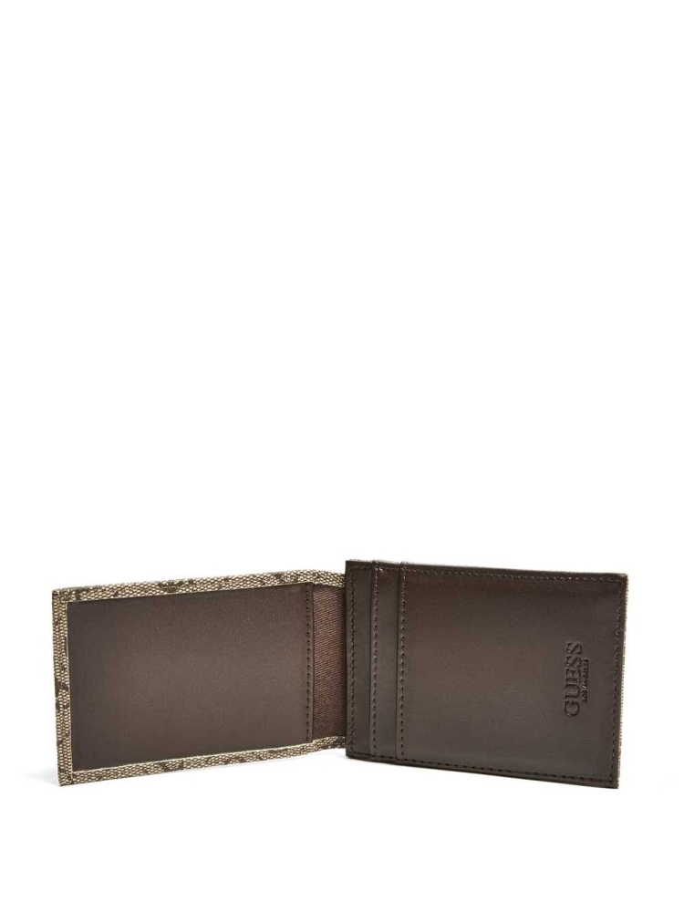 Brown Men's GUESS Don Logo-Print Magnetic Card Case Wallets | USA31GCSAO