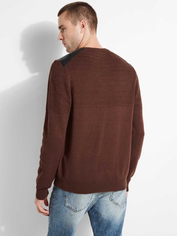 Brown Men's GUESS Liam Herringbone Contrast Sweaters | USA47YFQSV