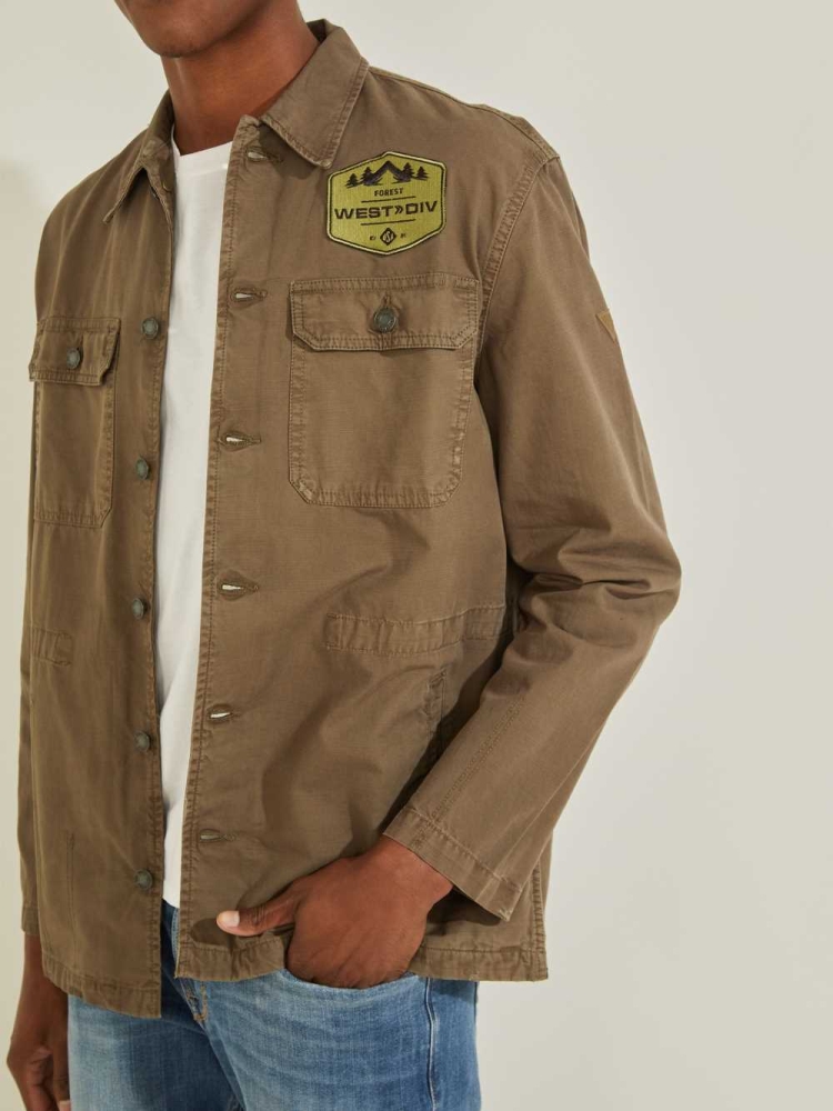 Brown Men's GUESS Patch Jackets | USA37GTUYD