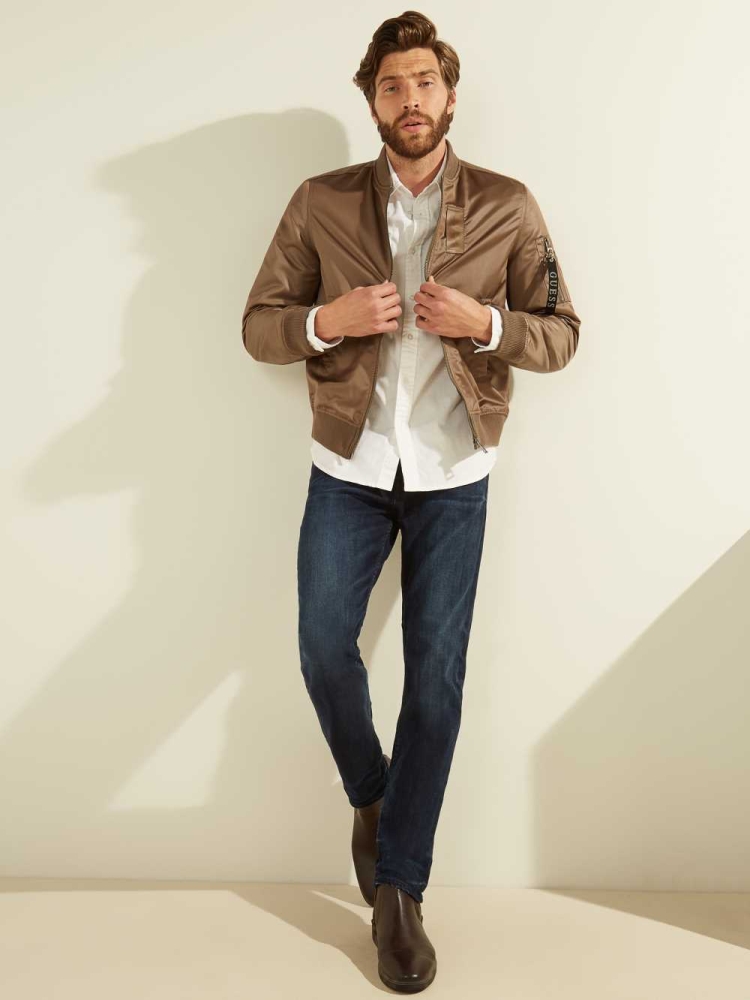 Brown Men's GUESS Satin Bomber Jackets | USA01AMHUE