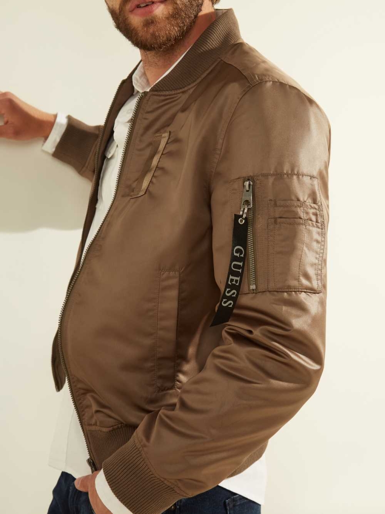 Brown Men's GUESS Satin Bomber Jackets | USA01AMHUE