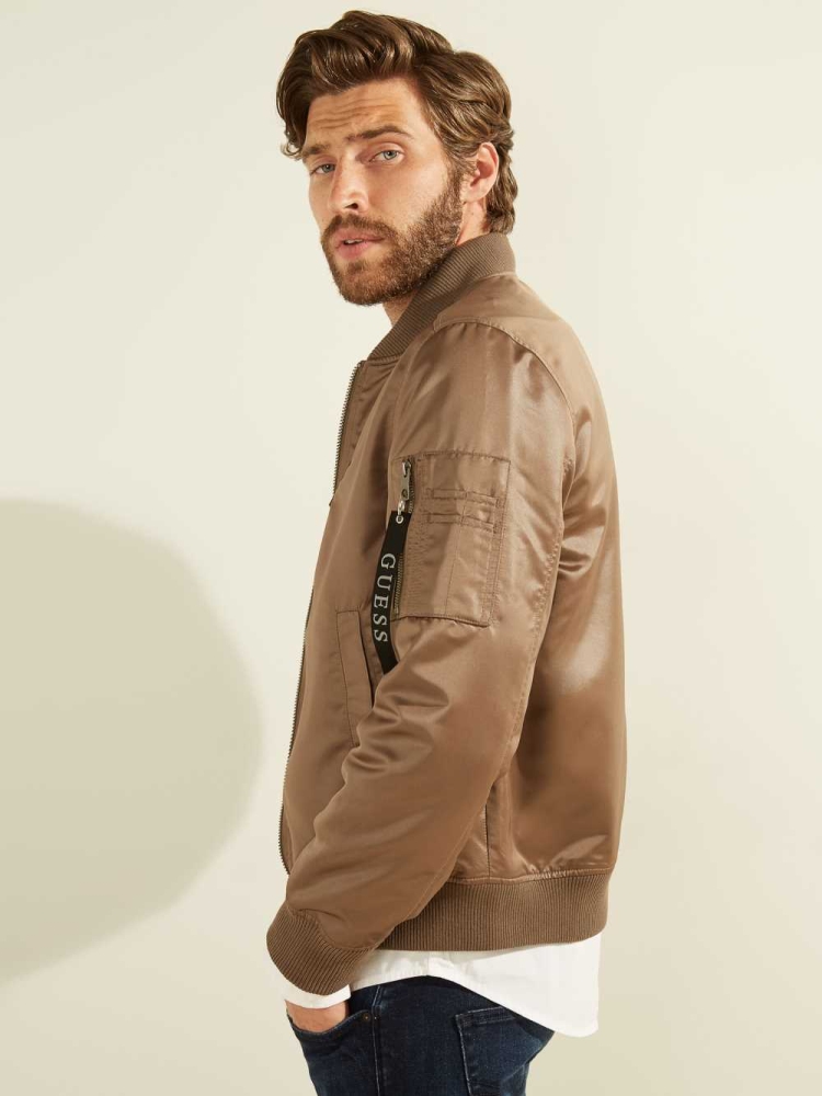 Brown Men's GUESS Satin Bomber Jackets | USA01AMHUE