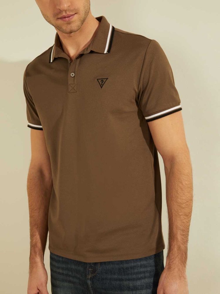 Brown Men's GUESS Sports Pique Logo Polo Shirts | USA68XBUJL