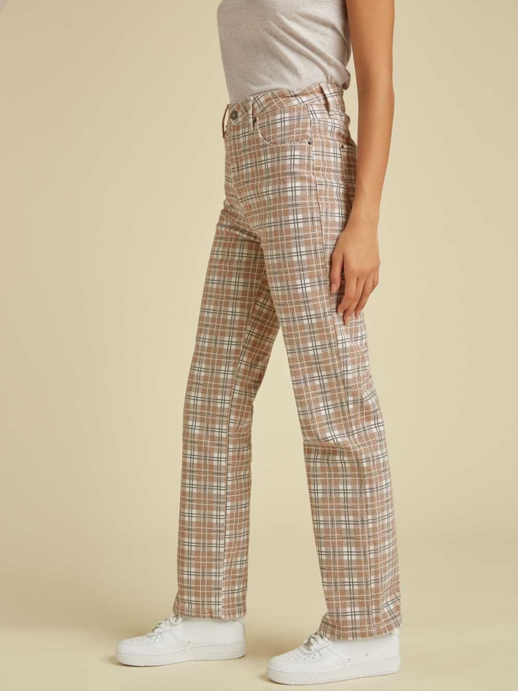 Brown Multicolor Women's GUESS Originals Plaid Mom Jeans | USA63GYBPH