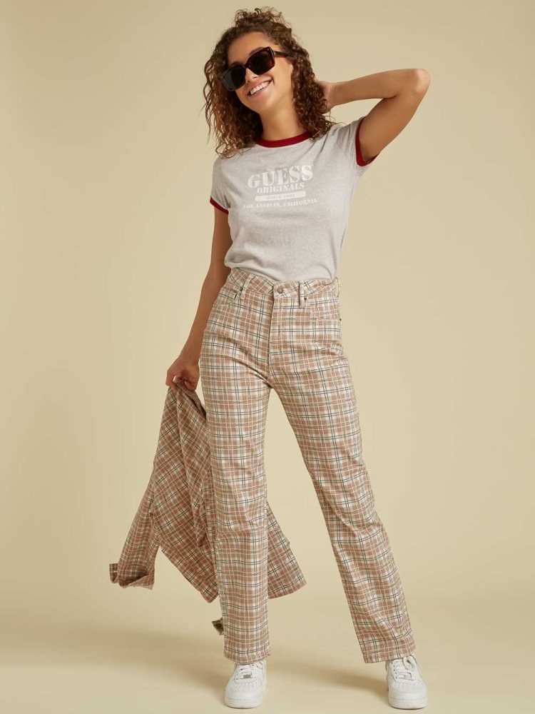 Brown Multicolor Women's GUESS Originals Plaid Mom Jeans | USA63GYBPH