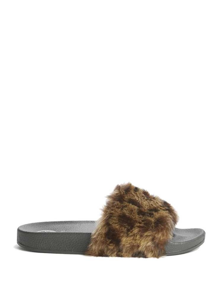 Brown Women's GUESS Buffie Leopard Faux-Fur Slide Slide Sandals | USA70CQXAJ