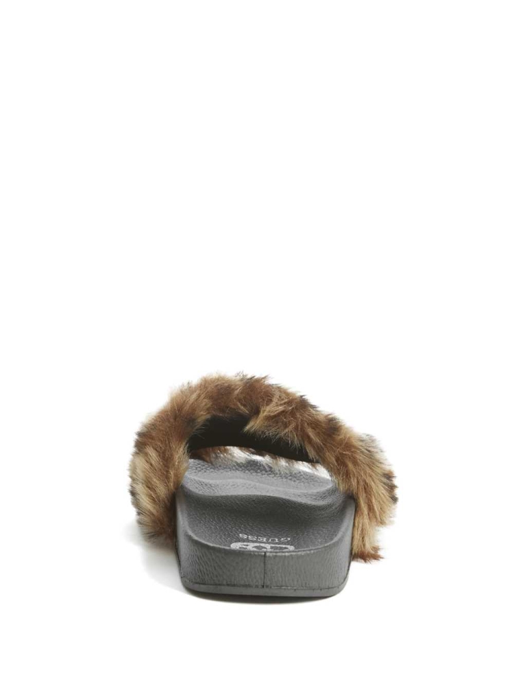 Brown Women's GUESS Buffie Leopard Faux-Fur Slide Slide Sandals | USA70CQXAJ