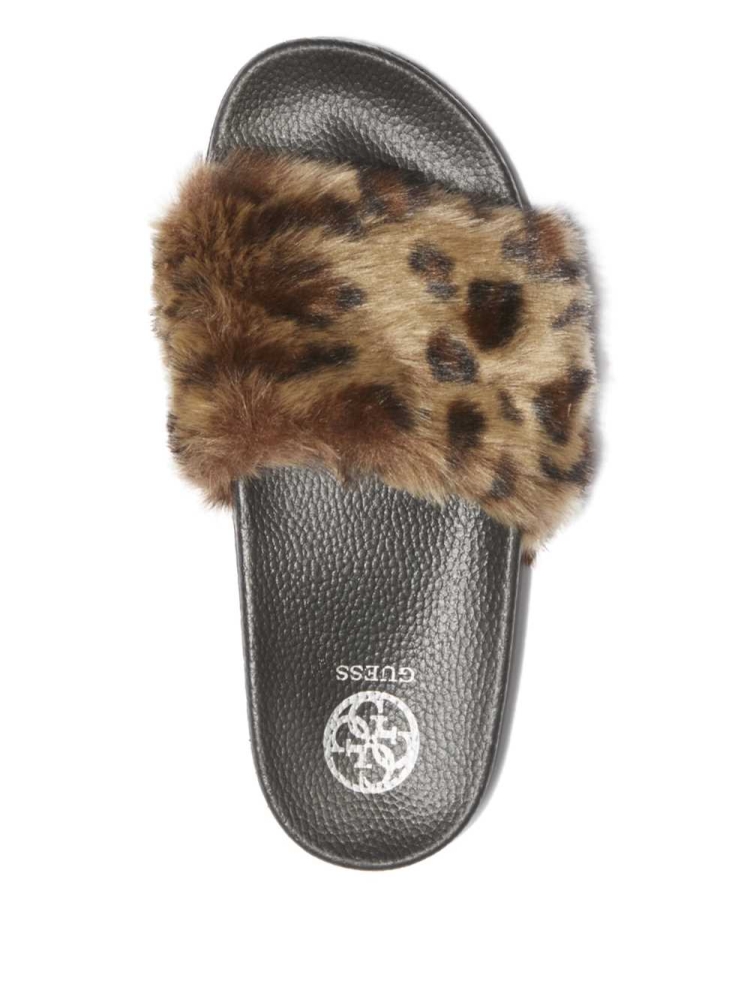 Brown Women's GUESS Buffie Leopard Faux-Fur Slide Slide Sandals | USA70CQXAJ