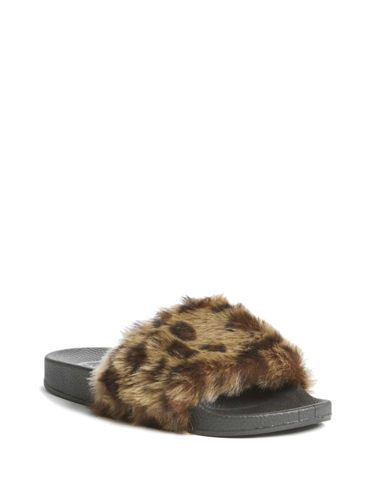 Brown Women\'s GUESS Buffie Leopard Faux-Fur Slide Slide Sandals | USA70CQXAJ