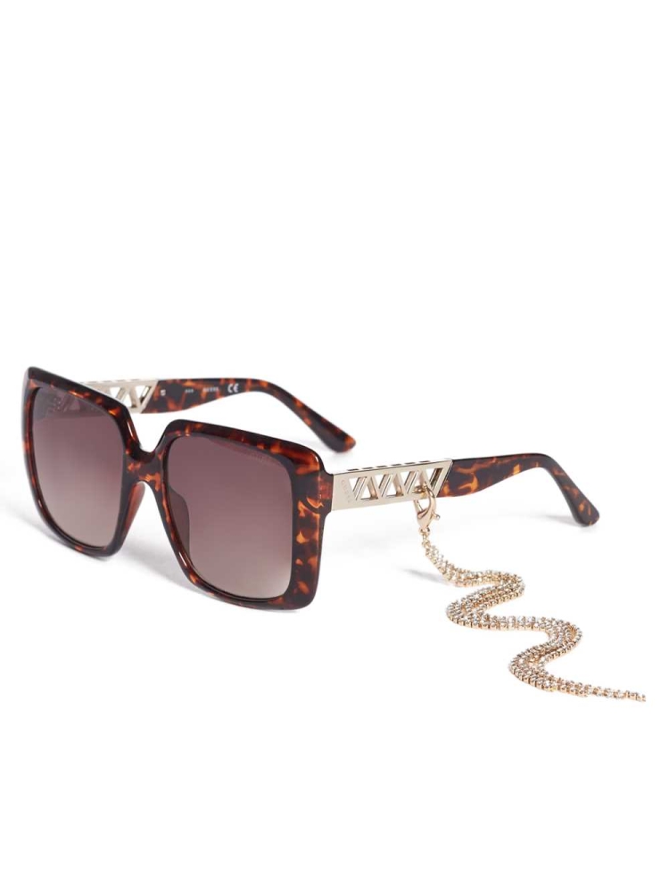 Brown Women's GUESS Rhinestone Chain Square Sunglasses | USA21SNHVF