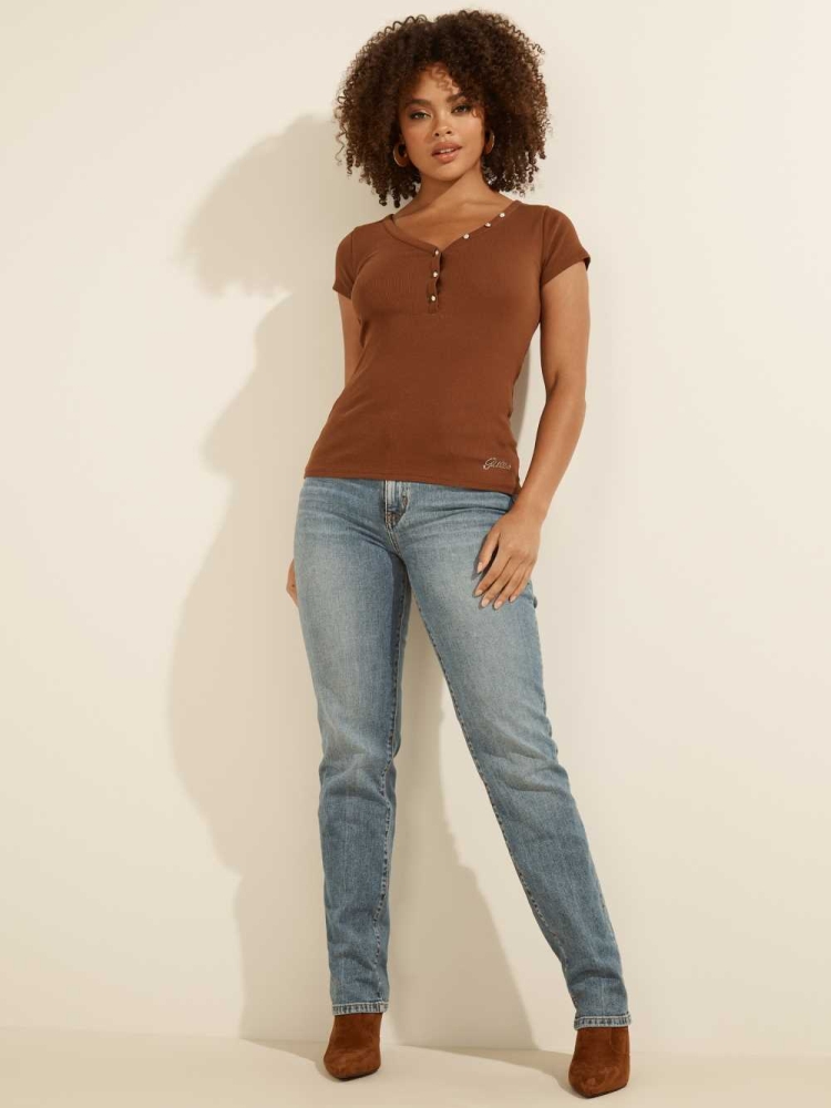 Brown Women's GUESS V-Neck Henley T-Shirts | USA09CQVWG