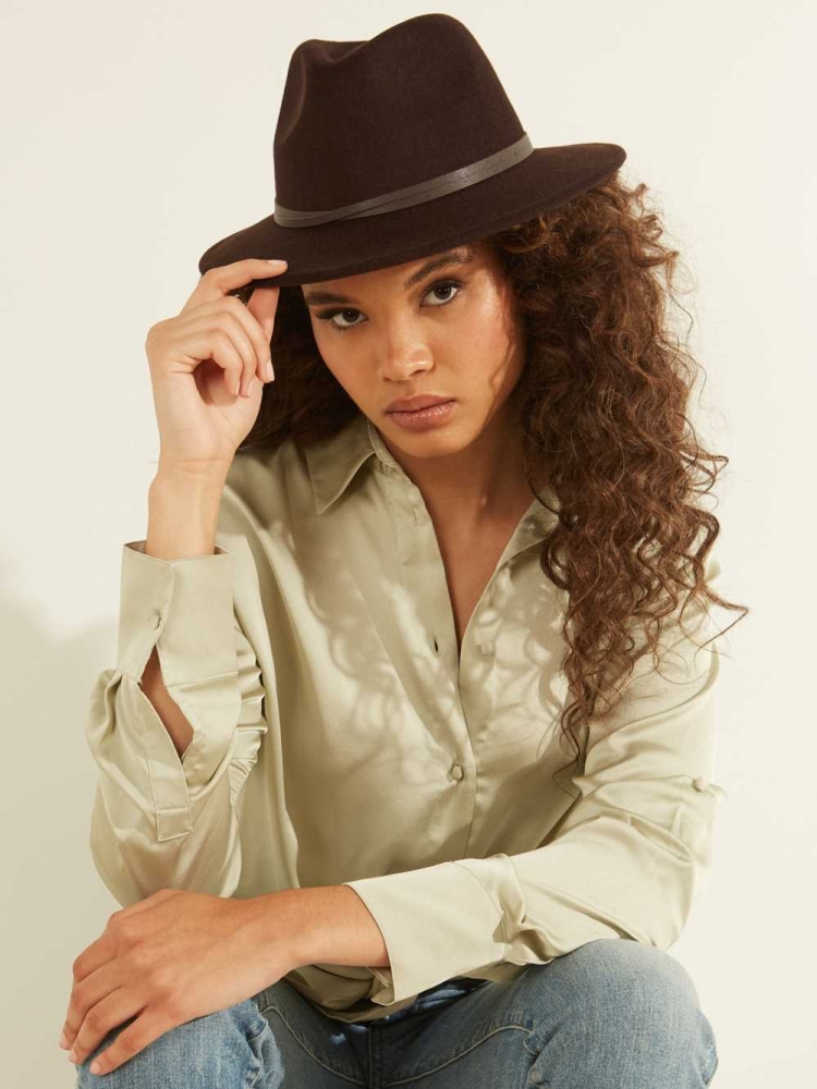 Brown Women's GUESS Vickie Wide Brim Hats | USA67FXUPA