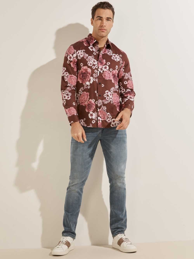 Burgundy Flower Men's GUESS Luxe Knoll Garden Shirts | USA10ERDAQ