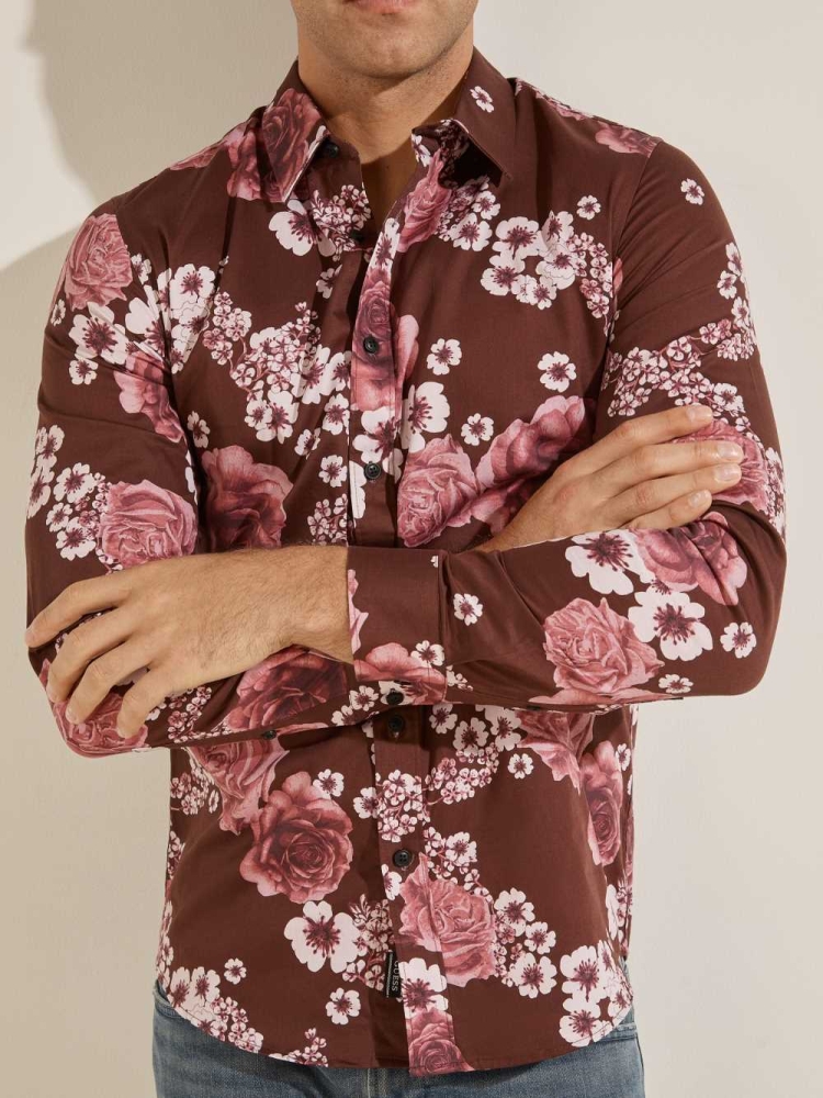 Burgundy Flower Men's GUESS Luxe Knoll Garden Shirts | USA10ERDAQ