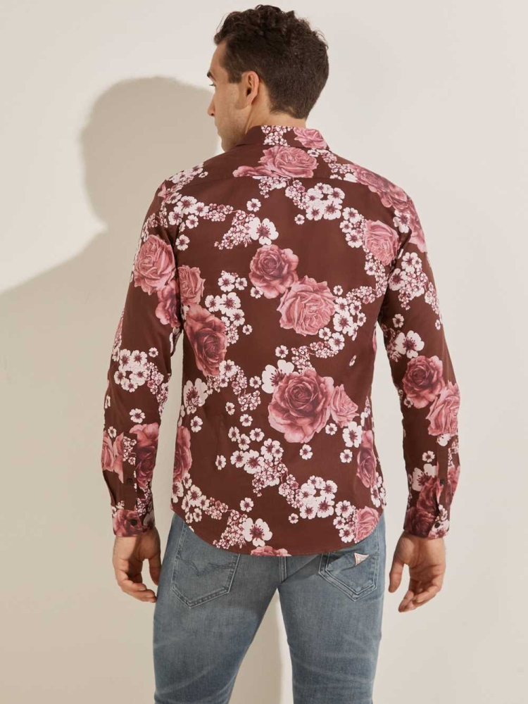 Burgundy Flower Men's GUESS Luxe Knoll Garden Shirts | USA10ERDAQ