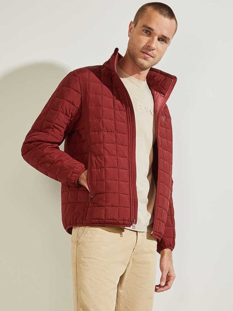 Burgundy Men\'s GUESS Active Nylon Puffer Jackets | USA52VMFES