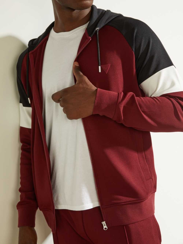 Burgundy Men's GUESS Eco Phil Color-Block Zip-Up Hoodies | USA90ACKZM