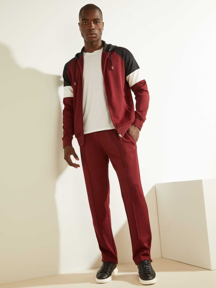 Burgundy Men's GUESS Eco Phil Color-Block Zip-Up Hoodies | USA90ACKZM