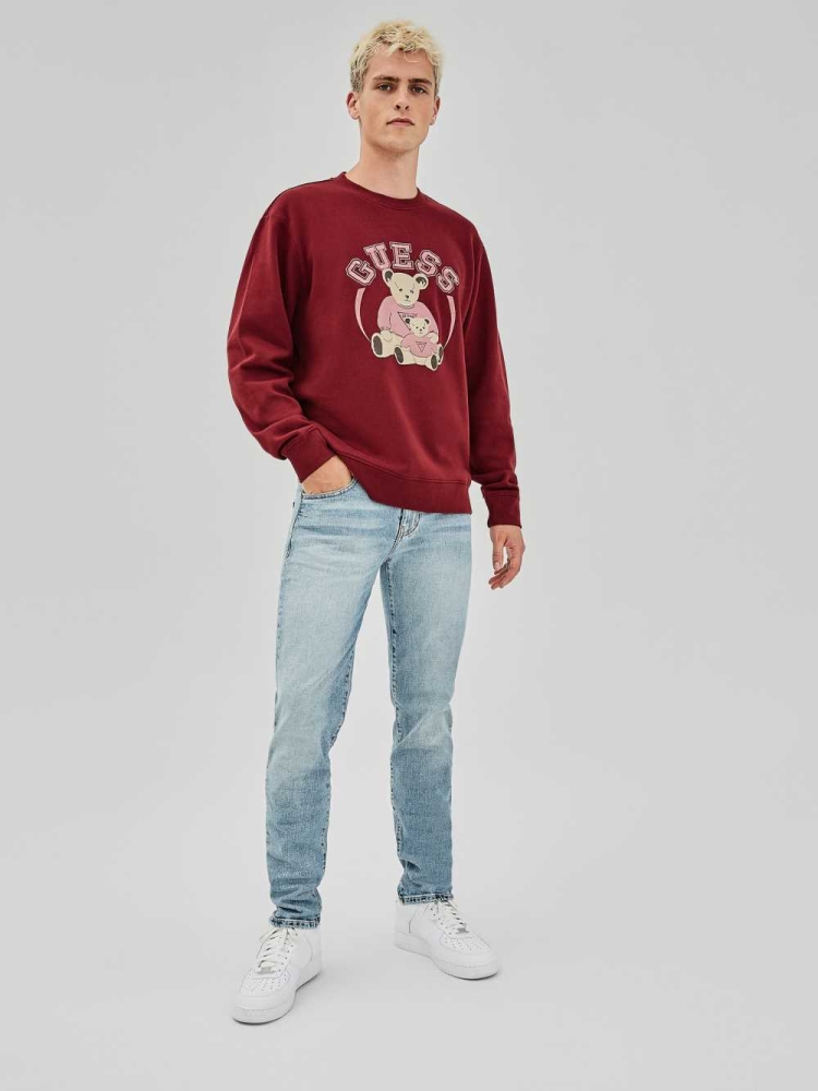 Burgundy Men's GUESS Originals Bear Crewneck Sweatshirt | USA38ZJQAR