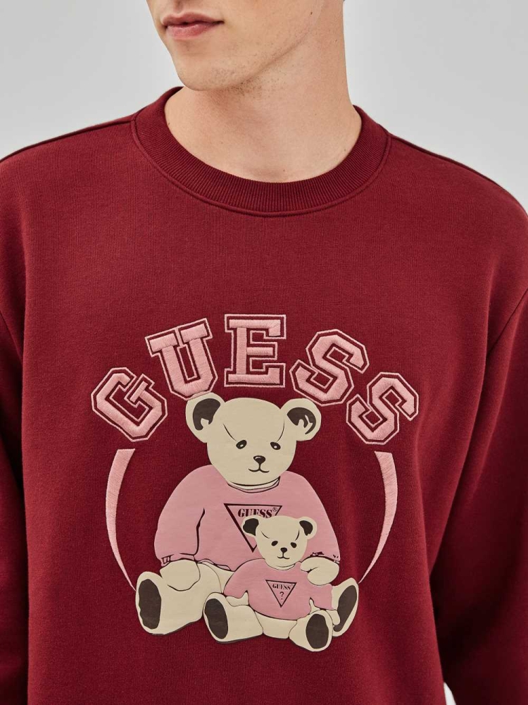 Burgundy Men's GUESS Originals Bear Crewneck Sweatshirt | USA38ZJQAR