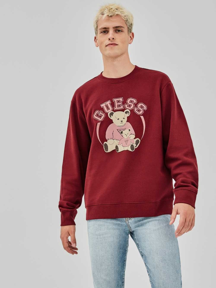 Burgundy Men\'s GUESS Originals Bear Crewneck Sweatshirt | USA38ZJQAR