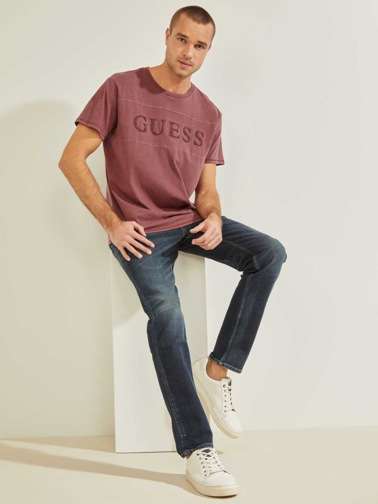 Burgundy Rose Men's GUESS Chenille Logo T-Shirts | USA38YHLDW