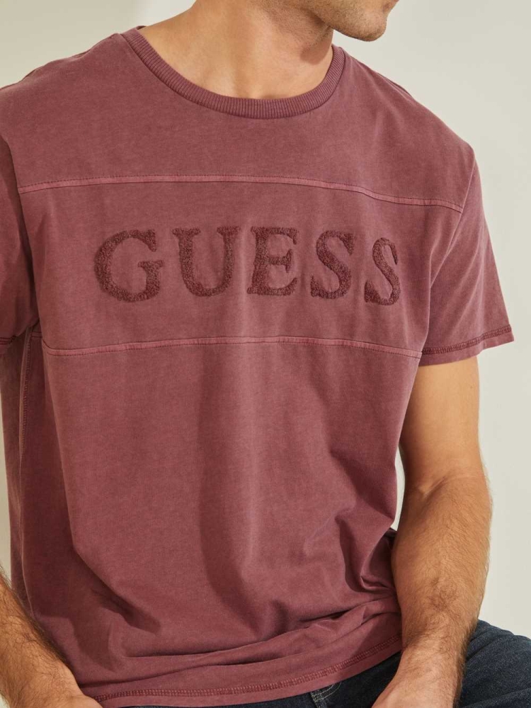 Burgundy Rose Men's GUESS Chenille Logo T-Shirts | USA38YHLDW