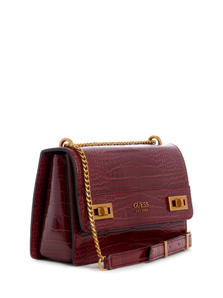 Burgundy Women's GUESS Katey Croc Convertible Crossbodies | USA68MTHVK