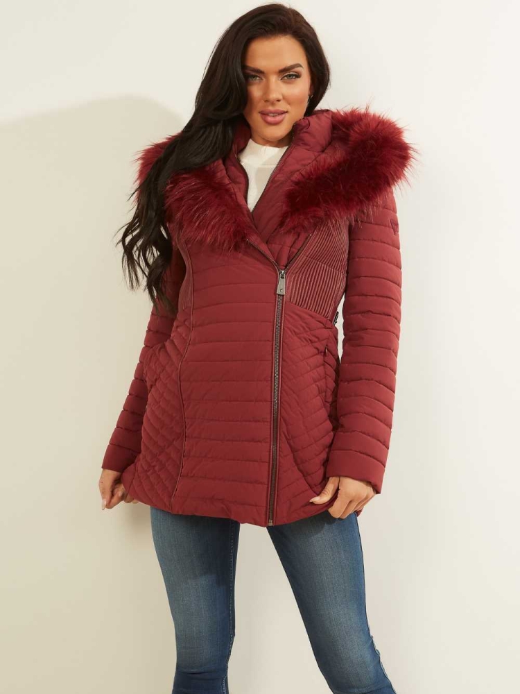 Burgundy Women\'s GUESS Oxana Quilted Jackets | USA73KVUQI