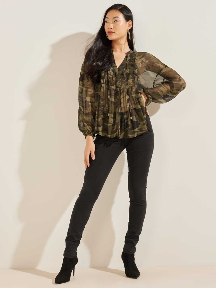 Camo Green Women's GUESS Eco Diamante Blouse | USA87IWYQN