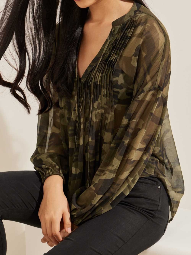 Camo Green Women's GUESS Eco Diamante Blouse | USA87IWYQN