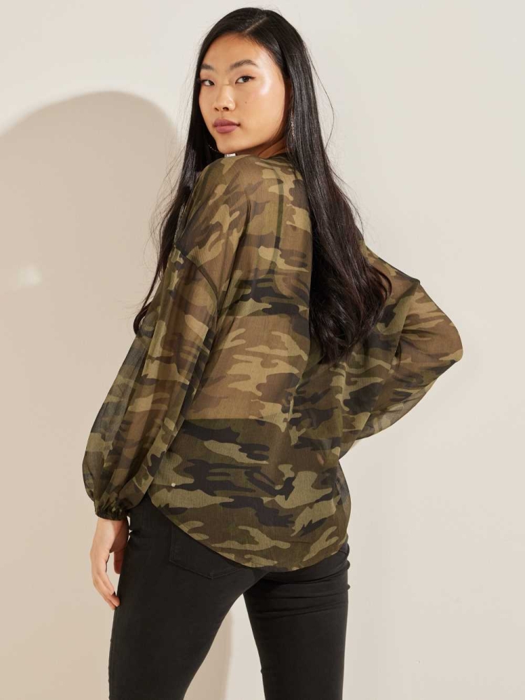 Camo Green Women's GUESS Eco Diamante Blouse | USA87IWYQN