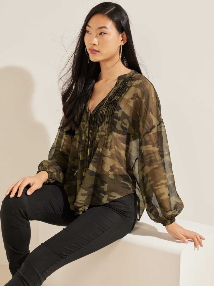 Camo Green Women\'s GUESS Eco Diamante Blouse | USA87IWYQN