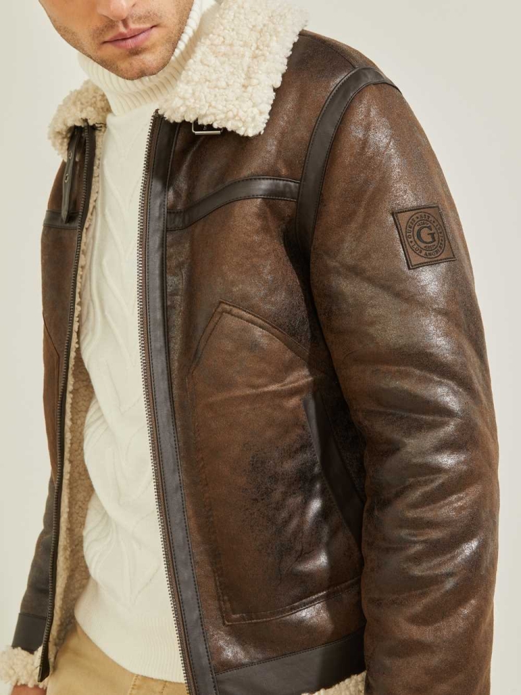 Chocolate Brown Men's GUESS Aviator Shearling Jackets | USA34RGEHS