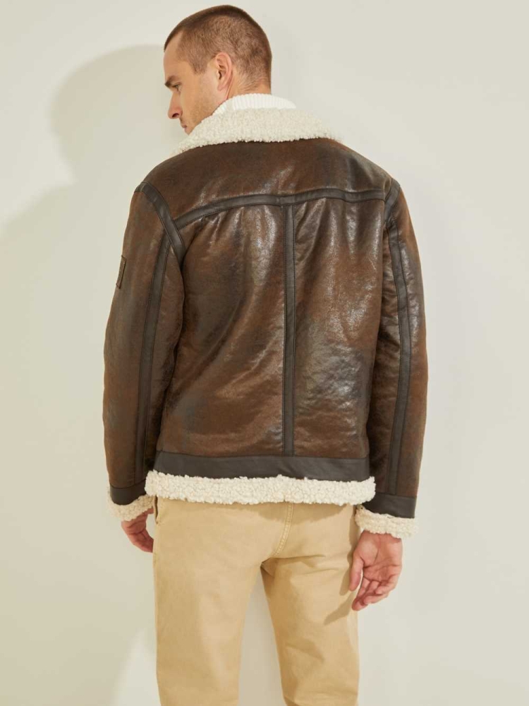 Chocolate Brown Men's GUESS Aviator Shearling Jackets | USA34RGEHS