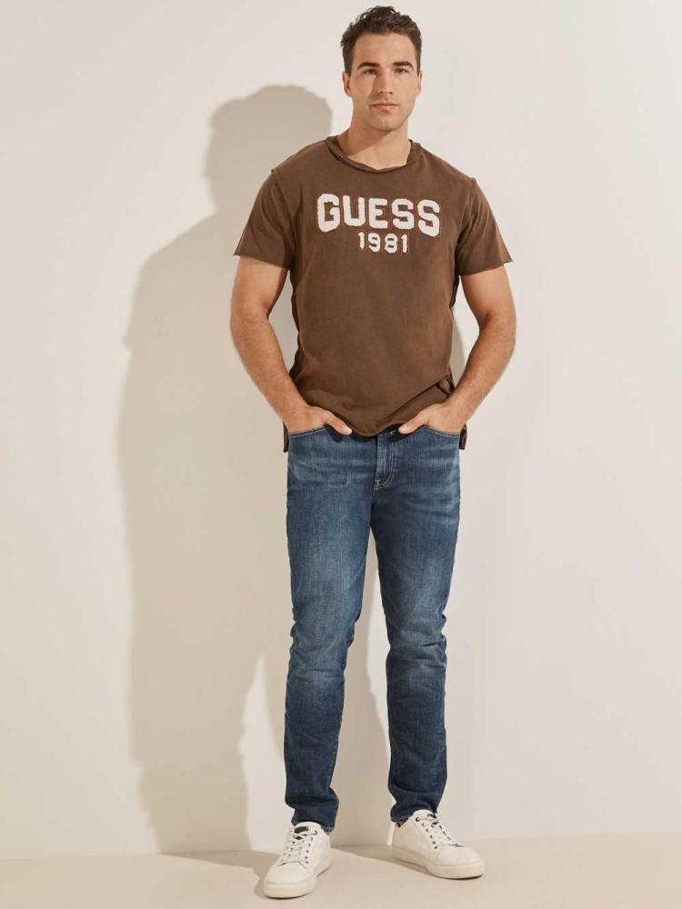 Chocolate Brown Men's GUESS Eco Raw Patchwork Logo T-Shirts | USA25RLBSU