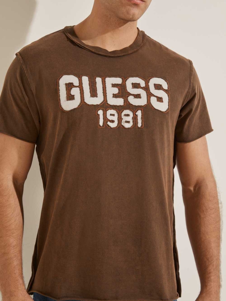 Chocolate Brown Men's GUESS Eco Raw Patchwork Logo T-Shirts | USA25RLBSU