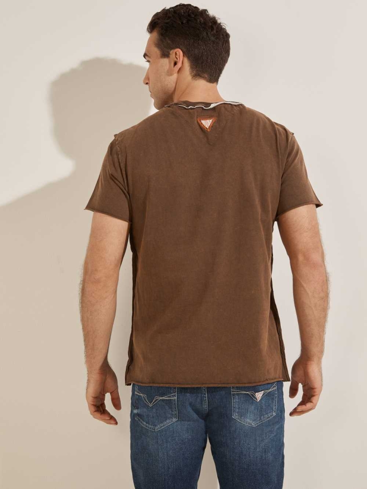 Chocolate Brown Men's GUESS Eco Raw Patchwork Logo T-Shirts | USA25RLBSU