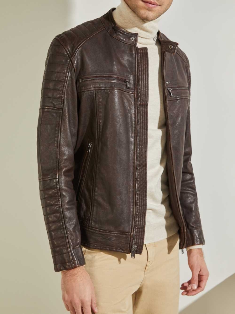 Chocolate Brown Men's GUESS Leather Biker Jackets | USA61PXKSA