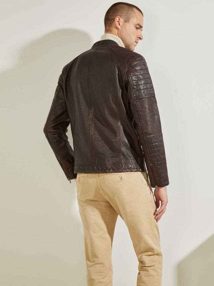 Chocolate Brown Men's GUESS Leather Biker Jackets | USA61PXKSA