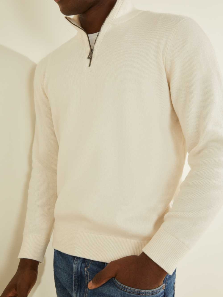 Cream White Men's GUESS Esmere Wool-Blend Zip Sweaters | USA24DMUVE